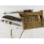 FIELD DISSECTION KIT IN CANVAS WRAP, A SHEFFIELD STEEL SHEATH KNIFE WITH ANTLER HANDLE AND A FAIRFAX