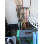 LONG HANDLED GARDEN TOOLS, PLASTIC KNEELER AND WATERING CAN