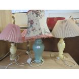 FOUR TABLE LAMPS WITH SHADES (TWO NEED PLUGS)