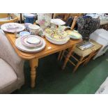 SMALL RECTANGULAR HONEY PINE KITCHEN TABLE WITH FOUR LADDER BACK RUSH SEATED CHAIRS