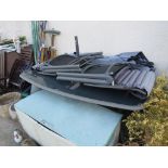 LARGE METAL FRAMED GLASS TOPPED GARDEN TABLE WITH PARASOL, PARASOL STAND AND A PAIR OF MATCHING