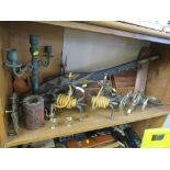 TWO WOODEN LETTER RACKS AND OTHER DECORATIVE WARE INCLUDING WAX TAPER TABLE LIGHTS, MODEL CANONS,