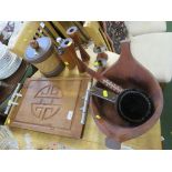 CARVED WOODEN SERVING TRAY, TEAK CANDLE HOLDERS, KRAFTWARE BISCUIT BARREL AND OTHER TREEN ITEMS