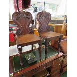 PAIR OF VICTORIAN MAHOGANY HALL CHAIRS WITH SCROLLED BACKS