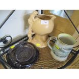 SYLVAC ELF JUG, POTTERY HUNTING THEMED TANKARD AND A PURPLE GLASS ASH TRAY