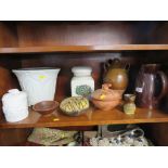 LARGE WHITE GLAZED CERAMIC PLANTER, BROWN GLAZED JUG AND SEVEN OTHER ITEMS OF DECORATIVE POTTERY (