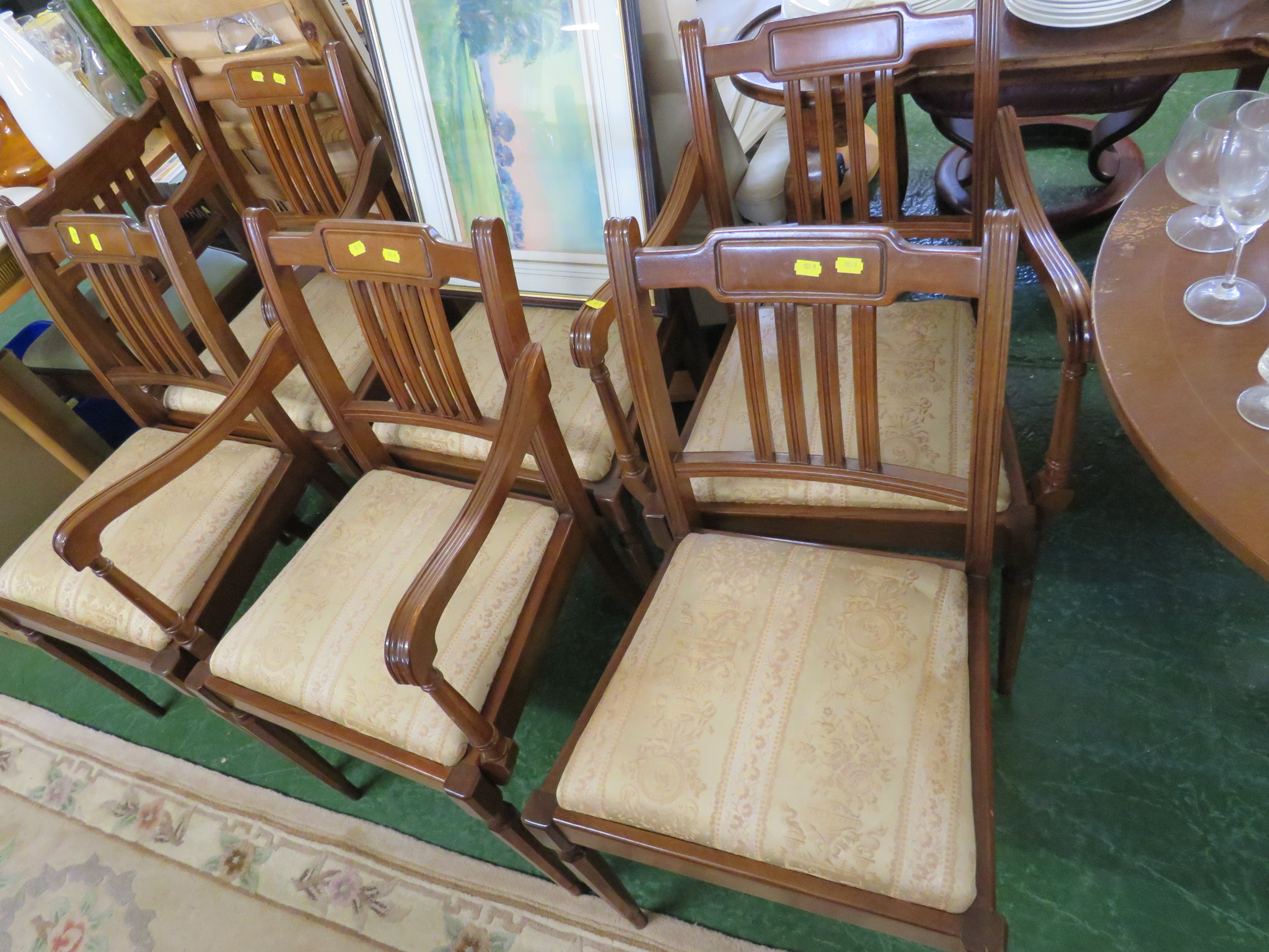 REPRODUCTION MAHOGANY VENEERED DINING TABLE WITH SEVEN CHAIRS INCLUDING THREE CARVERS (DROP IN - Image 2 of 2