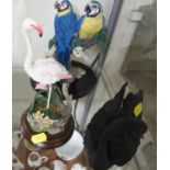 THREE COMPOSITE FIGURINES OF BIRDS INCLUDING COALPORT BLUE AND YELLOW MACAWS