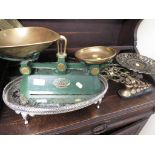 THORNTON VIKING METAL AND BRASS SCALES WITH SET OF WEIGHTS , SILVER PLATED TRAY, BRASS ALLIGATOR NUT