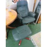 GREEN LEATHERETTE RECLINING SWIVEL ARMCHAIR AND MATCHING FOOTSTOOL