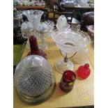 PAIR OF GLASS TABLE LAMPS (BOTH NEED PLUGS), CEILING LIGHT FITTING (REQUIRES PROFESSIONAL