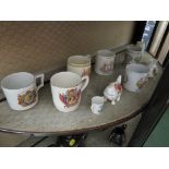 ONE SHELF OF ROYAL COMMEMORATIVE MUGS AND CRESTED CHINA