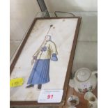 CHINESE PITH PAINTING OF MAN WITH STAFF, FRAMED AND GLAZED