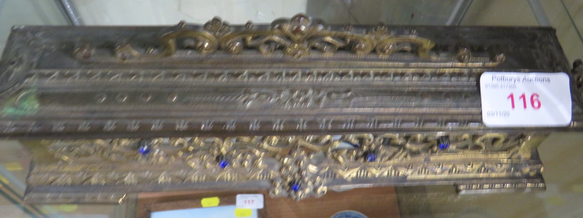 ORNATE GILT METAL DESK STAND WITH CERAMIC INKWELLS AND BLUE CUT STONES