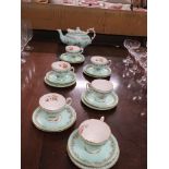 HAMMERSLEY BONE CHINA TEAPOT AND TEA CUP SAUCERS AND TEA PLATES, PALE GREEN WITH GILDED FOLIAGE