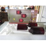 PAIR OF RUBY OVERLAID GLASS GOBLET SHAPED CANDLE HOLDERS, ASSORTED GLASS DRINKING VESSELS, AND BOX