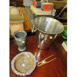 ICE BUCKET, WINE COASTER, OPENER AND A MANOR PEWTER VASE