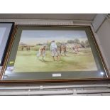 FRAMED AND GLAZED COLOURED PRINT AFTER DOUGLAS E WEST TITLED 'AND NOW THE NINETEENTH HOLE'