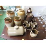 SELECTION OF STONEWARE AND POTTERY INCLUDING BLACKING JAR, CUPS, STORAGE JARS AND FOOT WARMER
