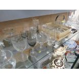 ONE SHELF OF ASSORTED WINE AND BEER GLASSES , RIBBED GLASS BOWL AND SMALL QUANTITY OF CHINA