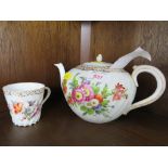 A DRESDEN PORCELAIN TEAPOT PAINTED IN FLOWERS, AND A DRESDEN WRYTHEN CUP