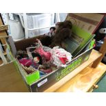 BOX OF TOURIST DOLLS, VINTAGE PLUSH MONKEY AND A SMALL QUANTITY OF EPHEMERA