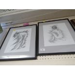 TWO FRAMED AND MOUNTED PENCIL DRAWINGS OF NUDES