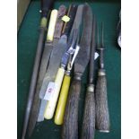 ANTLER HANDLED CARVKING KNIFE, FORK AND SHARPENING STEEL, TOGETHER WITH ANOTHER SHARPENING STEEL AND