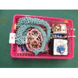 A TRAY OF COSTUME JEWELLERY, A PULSAR LADIES WRISTWATCH ONE OTHER QUARTZ WRISTWATCH