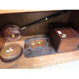 CARVED WOODEN TRAYS, OAK LIFT TOP BOX, AND SMALL COPPER BED WARMING PAN