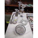 THREE SILSEA CRYSTAL CANDLE STICKS , GLASS RINSER , ROSE BOWL, BIRD DECANTER WITH SILVER-PLATED
