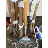 LONG HANDLED TOOLS - RAKE, FORKS, PICKAXE, SLEDGE HAMMER ETC