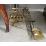 FOUR BRASS FIRE TOOLS AND PAIR OF BRASS STANDS
