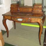 19TH CENTURY WALNUT VENEERED FRENCH WRITING DESK, SINGLE DRAWER WITH PAINTED PORCELAIN PANEL, THE