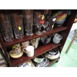 BEER GLASSES, PYREX BOWLS AND KITCHEN WARE (THREE SHELVES)