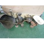 BRASS KETTLE, COAL BUCKET, FIRE TONGS, SCALES AND OTHER METAL WARE