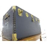 LARGE BLUE TRUNK WITH BRASS MOUNTS