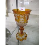 AMBER GLASS GOBLET ETCHED WITH DEER TREES AND VINE LEAVES HEIGHT 19.5 CM