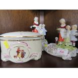A YARDLEY LAVENDER FIGURAL SOAP DISH AND ONE OTHER FIGURAL GROUP, AND A CHINA DRESSING TABLE BOX