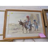 FRAMED GLAZED WATERCOLOUR OF A MAN DONKEY AND CHILD TITLED 'HILL PEOPLE', SIGNED CECIL ELGEE