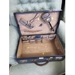 BLUE LEATHER VANITY CASE WITH PART CONTENTS OF BRUSHES JARS ETC