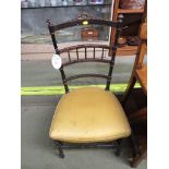 VICTORIAN SPINDLE BACK SIDE CHAIR WITH EBONISED FRAME, GILT DECORATION AND YELLOW SATIN HORSEHAIR
