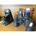 KODAK FOLDING CAMERA TOGETHER WITH A PAIR OF ROSS FROM LONDON BINOCULARS TOGETHER WITH CASE