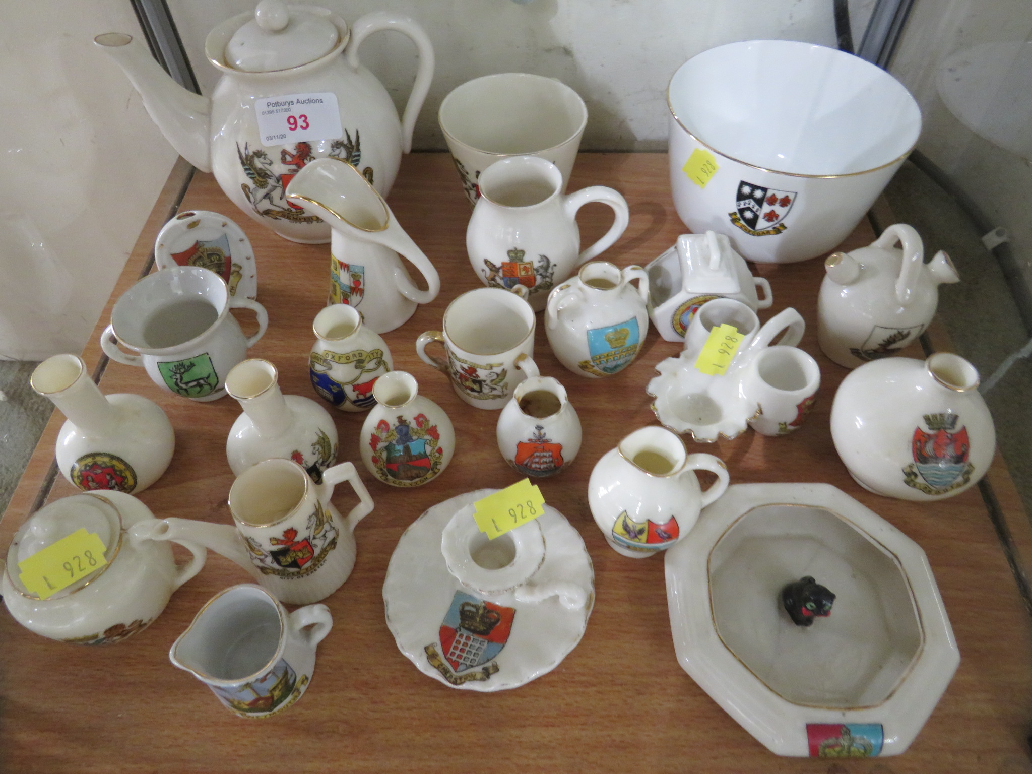 ONE SHELF OF MINIATURE CRESTED CHINA INCLUDING TEAPOT, VASES, ASH TRAY AND CHAMBER STICK