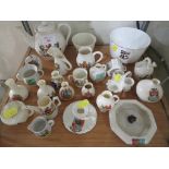 ONE SHELF OF MINIATURE CRESTED CHINA INCLUDING TEAPOT, VASES, ASH TRAY AND CHAMBER STICK