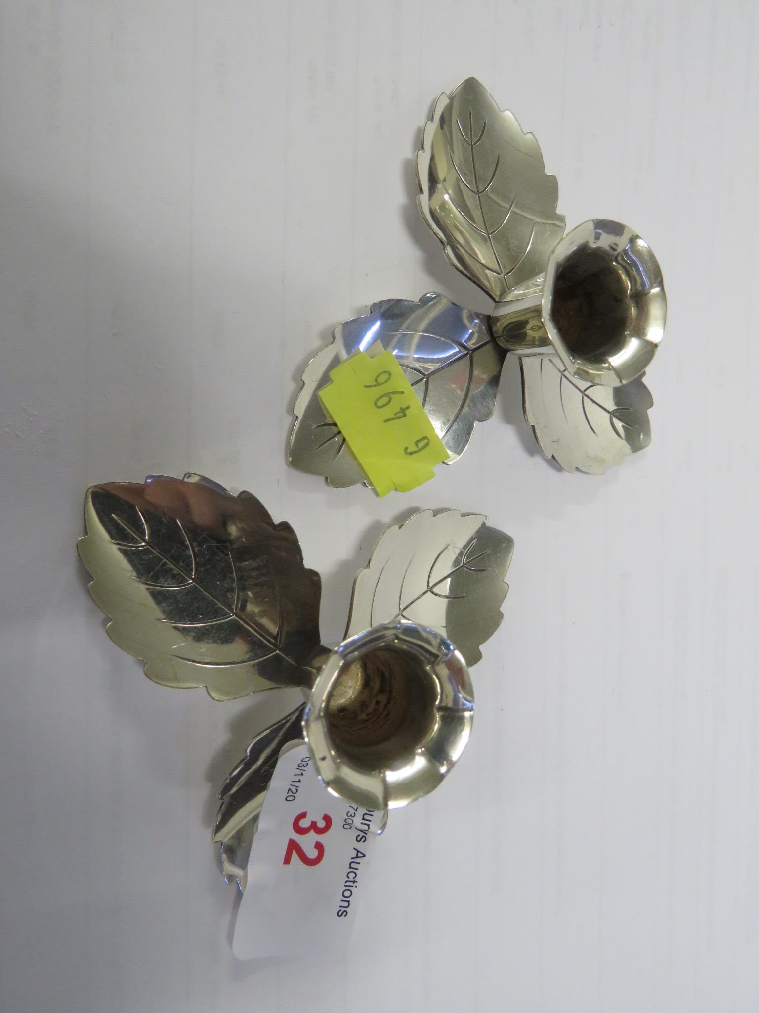 PAIR OF THREE-LEAF METAL CANDLE HOLDERS MARKED DENMARK