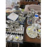 ASSORTED SILVER-PLATED WARE INCLUDING TRAY, DISHES CUTLERY AND CASED CUTLERY AND CANDLE STICKS