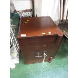 EARLY 20TH CENTURY SMALL METAL SAFE PAINTED BROWN , INTERIOR WITH SINGLE DRAWER, TWO KEYS