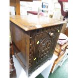 OAK BOX WITH HINGED LID AND CARVED FRONT