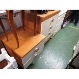 TEAK AND CREAM MELAMINE DRESSING TABLE (NO MIRROR) AND A CHEST OF THREE DRAWERS